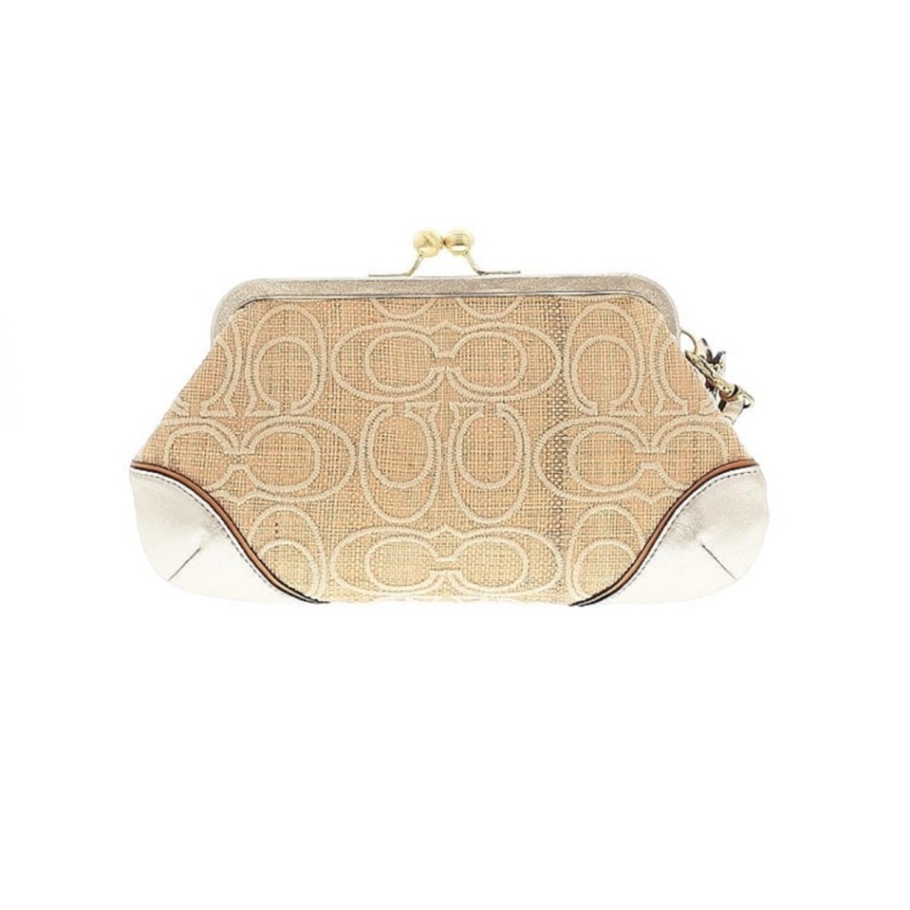 Coach Tan Signature Canvas Kiss-Lock Wristlet with Cream Trim